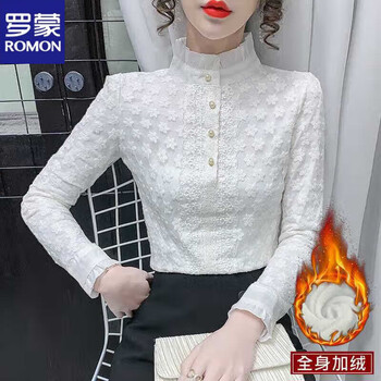 Romon velvet thickened lace bottoming shirt for women autumn and winter 2025 new style fashionable warm long-sleeved bottoming shirt white velvet whole body velvet thickened s