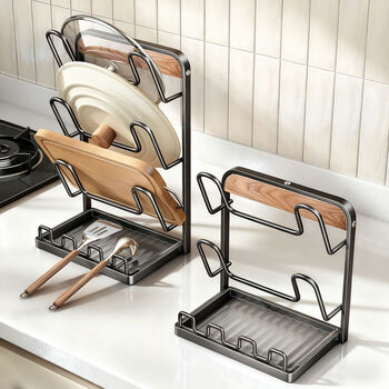 Yong huan kitchen pot lid rack spatula rack storage rack vertical drainage cutting board placer double layer countertop pot lid rack with drain tray