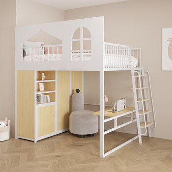 Jusi iron loft bed small apartment upper bed and lower duplex double bed high split bed children's loft bed with wardrobe high-end white right step ladder 1500mm*2000mm frame structure
