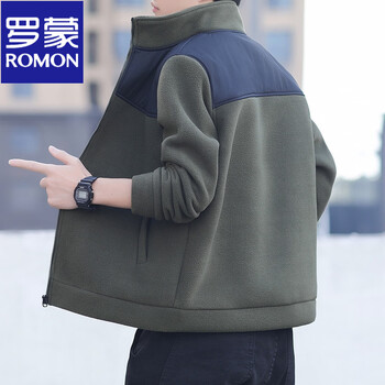 Romon thickened polar fleece jacket for men in autumn and winter, outdoor fleece lining, warm sweatshirt, cardigan, trendy brand stand-up collar jacket, army green #8870 regular m =-115 catties