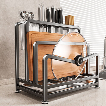 Fantasy kitchen knife rack storage rack 2025 new multifunctional chopping board rack kitchen knife and chopstick cage integrated chopping board knife storage rack gun gray upgraded knife block chopping board rack double chopstick barrel with 6 hooks