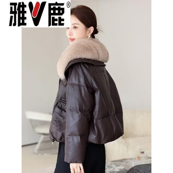 Yalu brown sheepskin down jacket women 2026 new genuine leather white goose down fur collar thickened leather jacket short fur high-end s _90-120 jin high-end western style small down jacket