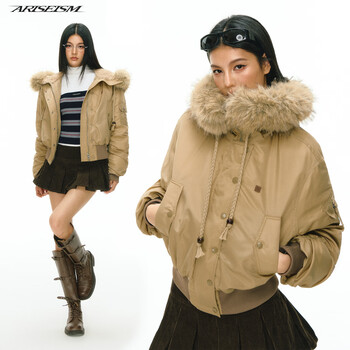 Ariseismariseism american retro design hooded down jacket for women winter new thickened warm jacket khaki (fur collar detachable) xs