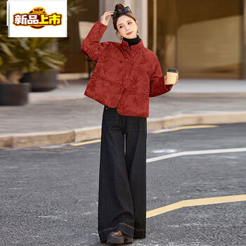 Chujing winter new chinese style jacquard disc button short down jacket women's stand collar warm red m