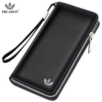 Genuine leather wallet men's long zippered cowhide handbag business casual wallet wallet young student clutch bag black