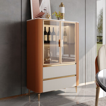 He jiagong light luxury modern solid wood wine cabinet home living room multi-functional storage cupboard small side cabinet hand cabinet glass display cabinet a wine cabinet / retro orange + light khaki