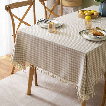 Yusenyi cotton and linen small fresh plaid tablecloth pastoral style tablecloth small square coffee table cloth cover towel tablecloth cotton and linen tassel light coffee mini grid 140x260cm