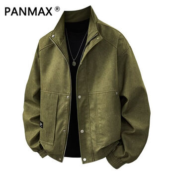 Panmax stand collar versatile retro jacket american trend new fashion loose casual handsome jacket bamboo green 5xl recommended 220-240 pounds