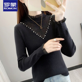 Luo meng half-high collar knitted velvet bottoming shirt for women, new winter slimming, western-style beaded long-sleeved top, trendy black s