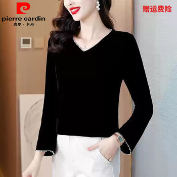 Pierre cardin black v-neck gold velvet bottoming shirt for women, long-sleeved autumn clothing, new style inner shirt, fashionable and western-style top, black s, recommended 80-95 pounds