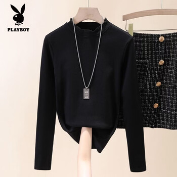 Playboy (playboy) half turtleneck bottoming shirt for women, spring, autumn and winter new long-sleeved t-shirt, mid-collar autumn coat, fashionable brushed versatile top, black, no necklace s