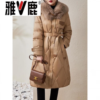 Yalu 2026 high-end fur collar down jacket women's long knee-level korean fashion thick waist white duck down warm jacket jiujiang down jacket women - khaki - fur collar khaki _small down jacket m small down jacket