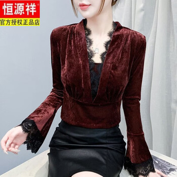 Hengyuanxiang lace trumpet sleeve gold velvet diamond long-sleeved t-shirt for women 2025 autumn and winter temperament v-neck light luxury slim fit top ankora red s
