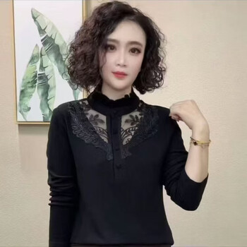 2026 new lace collar design, hollow, versatile, slimming, double-sided velvet warm long-sleeved shirt, bottoming shirt for women, black xl, recommended 110-125 catties