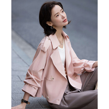 Demana antibacterial ice algae mud spring fashion lapel collar double-breasted loose short small women's windbreaker jacket