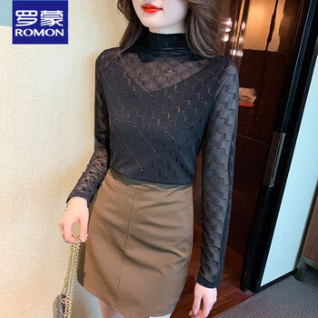 Lomon lace bottoming shirt for women with long sleeves and winter velvet, feminine top, stylish half turtleneck, versatile and temperamental shirt, black, no velvet, regular s, recommended within 80-90 pounds