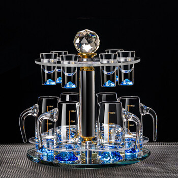Jingyan light luxury high-end liquor cup wine dispenser household crystal glass small wine cup one-cup wine set with scale 6 pots and 6 cups rotating rack blue mountain bullet cup + blue mountain
