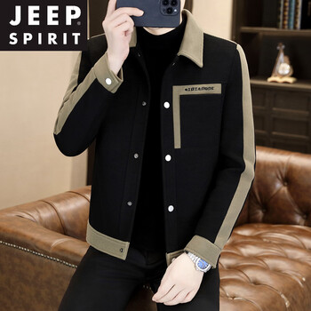 Jeep spirit jacket men's spring and autumn short spliced lapel jacket men's trendy brand handsome high-end casual men's top black l