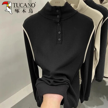 Woodpecker (tucano) velvet velvet bottoming shirt for women in autumn and winter new warm top button half turtleneck double-sided brushed long-sleeved t-shirt black 3xl 135-145 catties