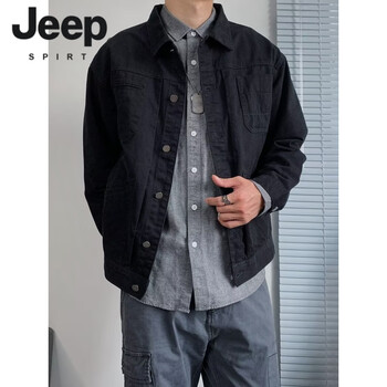 Jeep spirit american retro wear-resistant and stain-resistant denim jacket men's trendy brand loose and versatile multi-pocket work jacket spring and autumn top black m