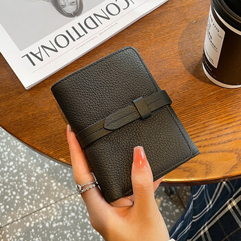 Gesidun simple wallet women's short genuine leather 2024 new large capacity multi-card slot first layer cowhide drawstring wallet vertical style black