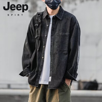 Jeep spirit american workwear retro washed denim jacket men's spring and autumn long-sleeved shirt men's loose trendy jacket men's spring black m