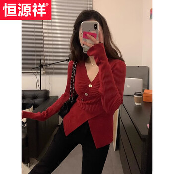 Hengyuanxiang retro new year red v-neck irregular cross sweater knitwear women's autumn and winter french bottoming shirt chic inside red s