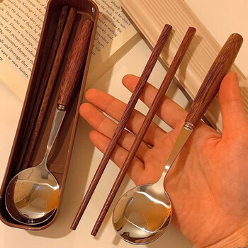 Tuojin germany imported high-quality caramel-colored chicken wing wood-feel cylindrical imitation wooden handle chicken wing chopsticks and spoons. bring your own tableware when going out. chicken wing wood tableware comes with a box, fork and chopsticks.