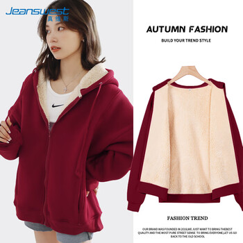 Jeansves fleece sweatshirt for women 2025 winter new thickened cardigan imitation sherpa jacket versatile solid color hooded top for women