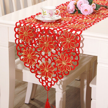 Fantasy new european style modern classical embroidered polyester table flag placemat dining table cloth table and chair cover table flag hollow fashion red 40x196cm