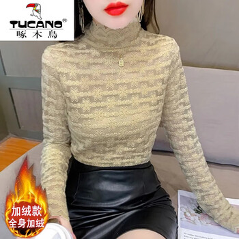 Woodpecker (tucano) velvet autumn and winter new high-neck thin lace bottoming shirt for women with western style shirt long-sleeved mesh top trendy khaki body plus velvet l