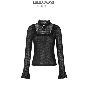 Lulualways i love lulu 26 spring new french sweet lace splicing mesh ruffled bottoming shirt black 1 l