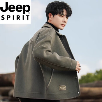 Jeep spirit2025 new autumn and winter woolen coat men's double-sided coat short lapel casual woolen jacket top gray green l recommended 110-130 pounds
