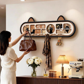 Fantasy medieval style cat decoration painting behind the entrance door, storage, key bag, coat and hat storage, hole board decorative frame, cat story 90x30