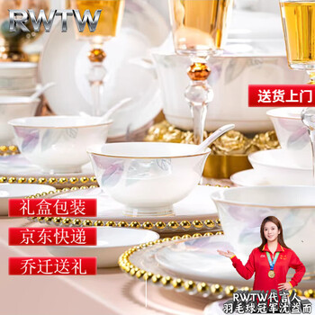 Rwtw dish set new household high-value ceramic tableware jingdezhen dish bowl and chopsticks set moving to a new home gift first choice 10-person luxury set with rich pot 60-piece set gift box