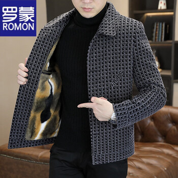 Romon men's coat velvet thickened 2025 new autumn and winter short woolen coat high-end casual men's wear light gray 2xl
