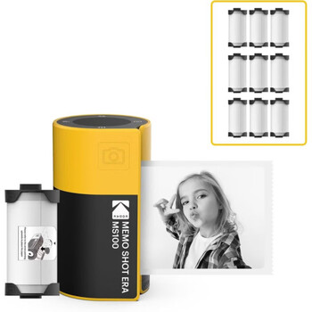 Kodak instant camera children's instant digital camera and photo label printer black and white printing only nostalgic retro style ms100 set contains 10 rolls of film yellow