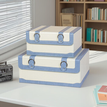 Fantasy model room decorative storage box cloakroom wardrobe storage storage box for clothes beige with blue decorative strips a set of large and small sizes