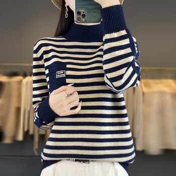 French light luxury autumn and winter new style contrasting white stripes western style inner sweater sweater bottoming shirt navy blue m recommended 95-110 pounds