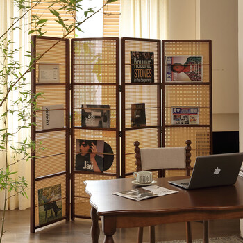 Fantasy retro screen partition solid wood rattan folding french living room entrance door corner mobile storage bookshelf walnut color 4 pages
