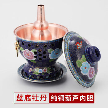 Tuojin imported quality cloisonné copper hot pot from japan, thickened pure copper alcohol copper pot, alcohol stove, small hot pot for one person, extra thick blue bottom peony, gourd liner _500 ml fuel + 4-hole oil box 20cm