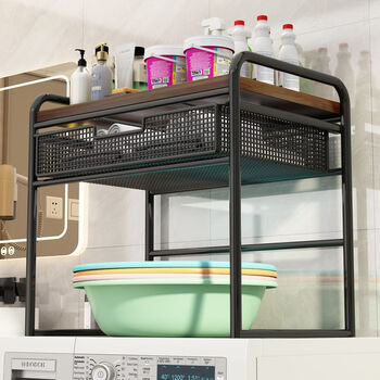 Wings washing machine rack bathroom toilet laundry detergent rack balcony washing machine above the countertop pull-out storage white shelf wood color integrated with drawers