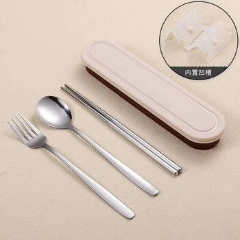 Sanqihu customized student one chopsticks spoon fork cutlery set portable stainless steel three-piece custom-made silver three-piece set brown and white box 410 stainless steel