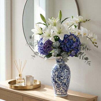 Qiju yaji ceramic vase chinese blue and white porcelain new year's day gift high-end ornaments ulan flower and bird fishtail vase 15 inches 30005