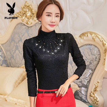 Playboy (playboy) winter new year red warm lace bottoming shirt turtleneck top women's thickened velvet slim top large size bottoming shirt black diamond style (plus velvet) thickened xl recommended 116-125 catties