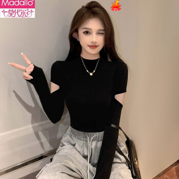 Modal threaded black half turtleneck bottoming shirt for women in autumn and winter with western style long-sleeved knitted slim-fitting top, black regular style, exposed arms, 2xl 121-135 catties