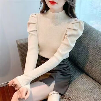 Kou xian man thread bottoming shirt women's new autumn and winter long sleeve versatile slim half turtle collar t-shirt temperament top wear outside apricot m recommended 70-85 catties