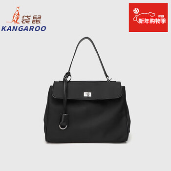Kangaroo (kangaroo) launches new kelly single-shoulder nylon leather handbag for women, armpit lock buckle design commuting tote large capacity simple bag, black medium size (35) (without accessories)