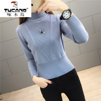 Woodpecker (tucano) new autumn and winter half turtleneck sweater bottoming shirt for women plus velvet thickened slim inner long-sleeved top white sweater blue gray s