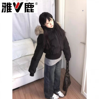 Elegant deer-like design large size short large fur collar hooded down jacket for women winter new slim waist down jacket white black xl 116 catties-130 catties